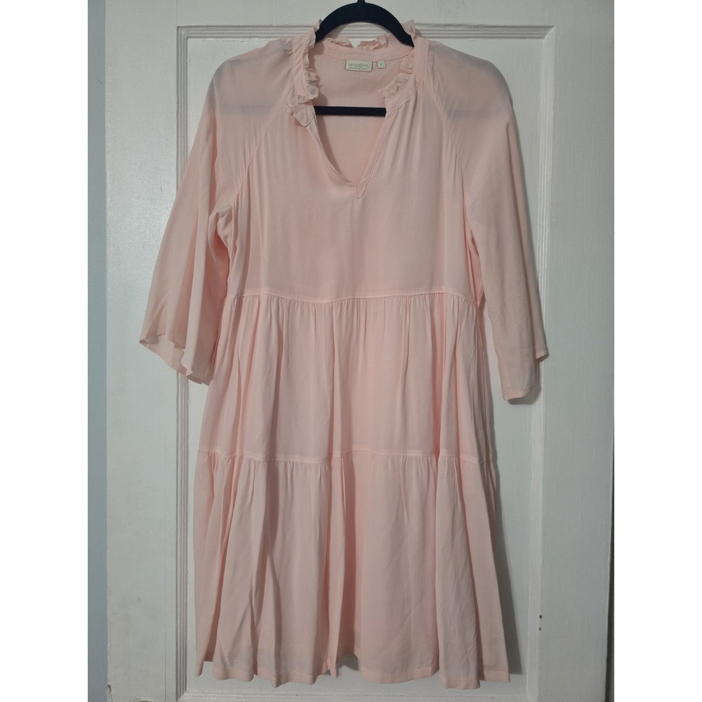 Spartina 449 Womens Blush Pink Tiered Ruffle V-Neck Mini Dress Small 3/4 Sleeve